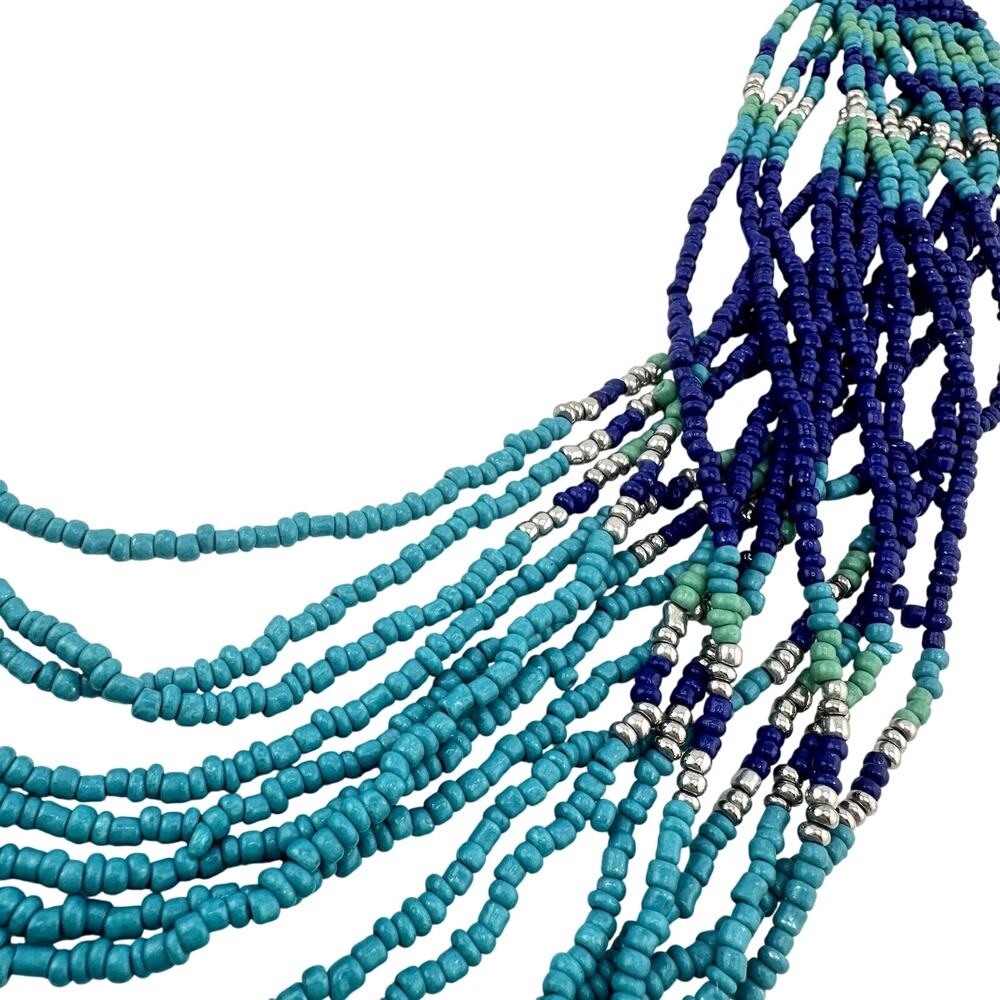 Boho Blue Teal Green Woven Beads Draped Multistrand Silver Tone 25” Necklace - Picture 5 of 6